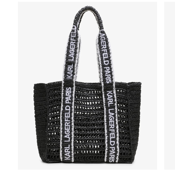 NWT Karl Lagerfeld black summer vacation straw bag tote with name on straps - Picture 1 of 6